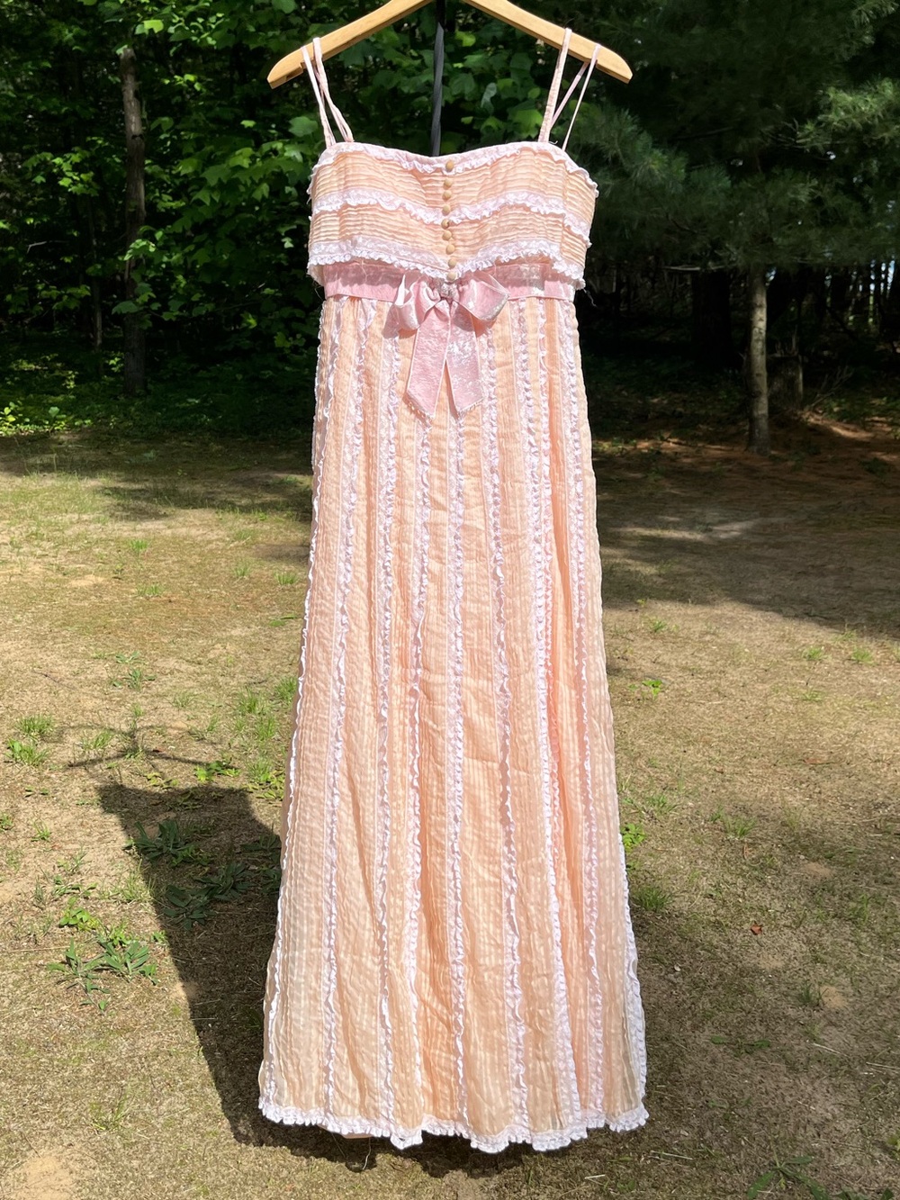 60s 70s Handmade Peach Lace Ruffle Maxi Formal Gown Cupcake Retro Party Bow